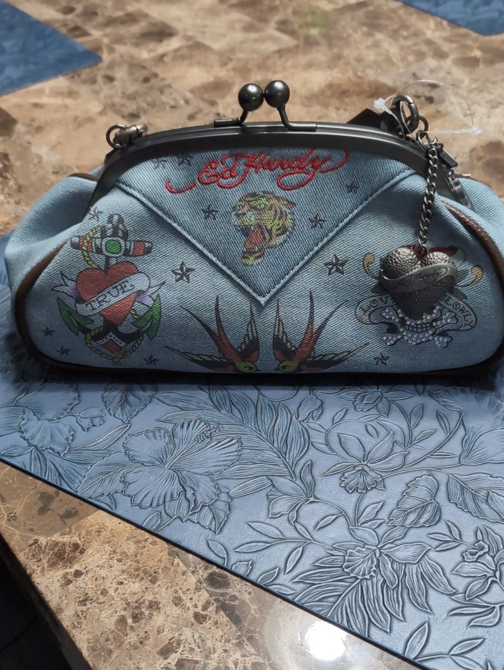 Ed Hardy Floral Shoulder Bag in Blue & Brown NWT